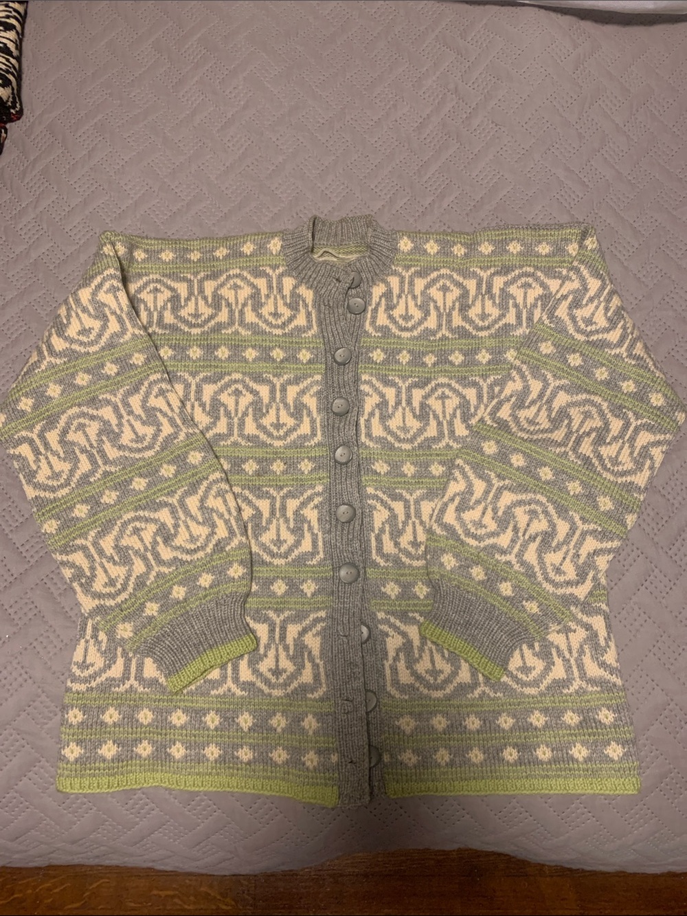 Dale of Norway Gray, Cream & Light Green Patterned Button-Front Cardigan